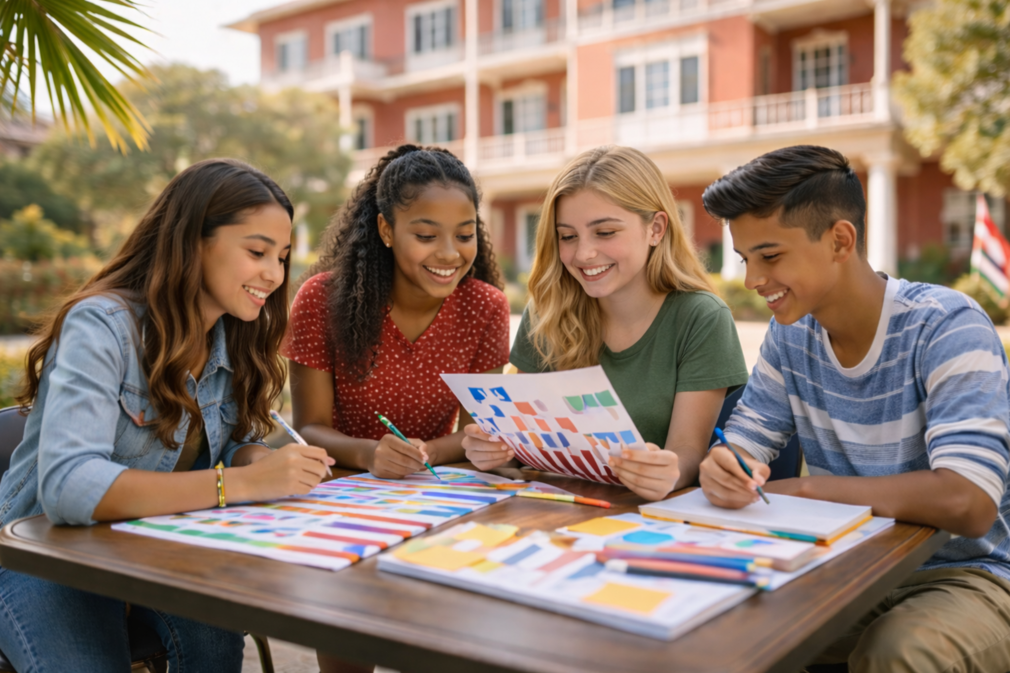 Adolescentes colaborando en una mesa de trabajo